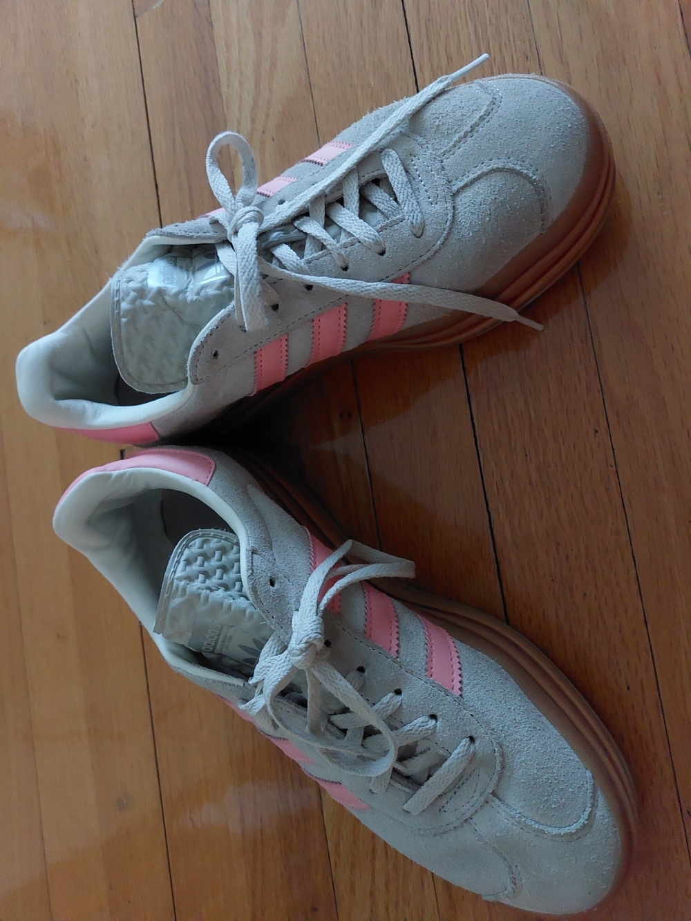 Adidas Light Gray Suede Gazelle Sneakers with Pink Stripes